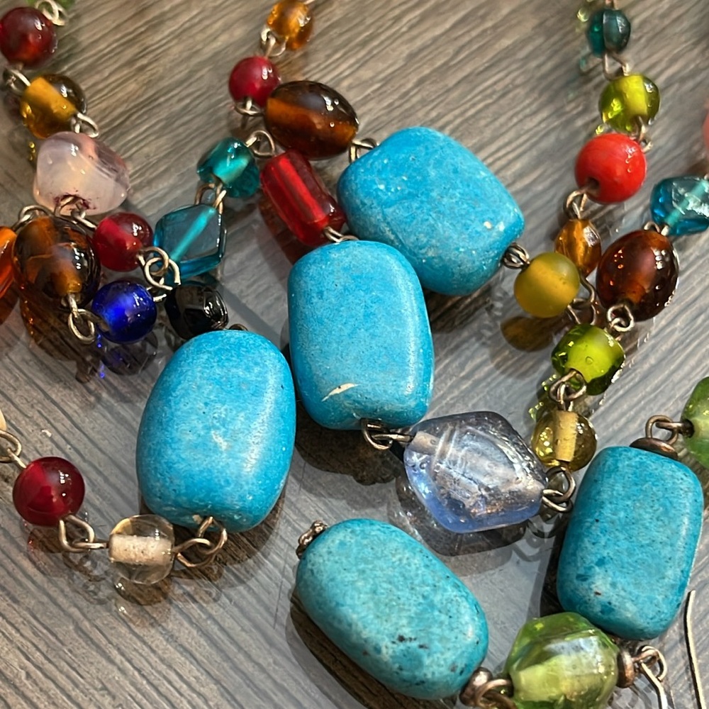 Multi Colored Glass and Dyed Stone Beaded Necklace and Earring Set - Picture 15 of 15